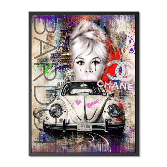 le visage de Brigitte Bardot en gros plan, positionné au centre de l’œuvre. Le style est résolu...