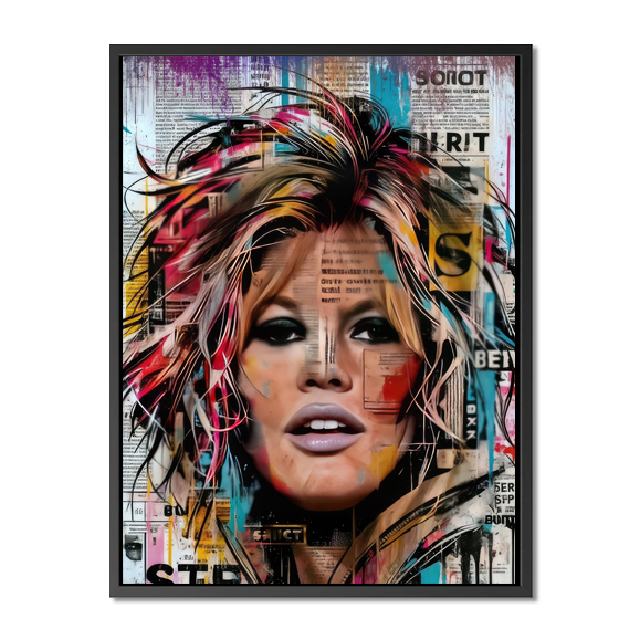 le visage de Brigitte Bardot en gros plan, positionné au centre de l’œuvre. Le style est résolu...