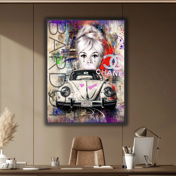 le visage de Brigitte Bardot en gros plan, positionné au centre de l’œuvre. Le style est résolu...