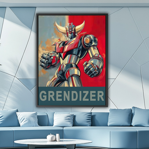 Le tableau Goldorak Pop Art présente le célèbre robot de science-fiction en position centrale, vu légèrement en contre-plongée. Goldorak apparaît avec son armure métallique reconnaissable, ses épaules imposantes et ses avant-bras rouges et blancs. Son visage est placé sous les grandes cornes dorées qui caractérisent le personnage.
