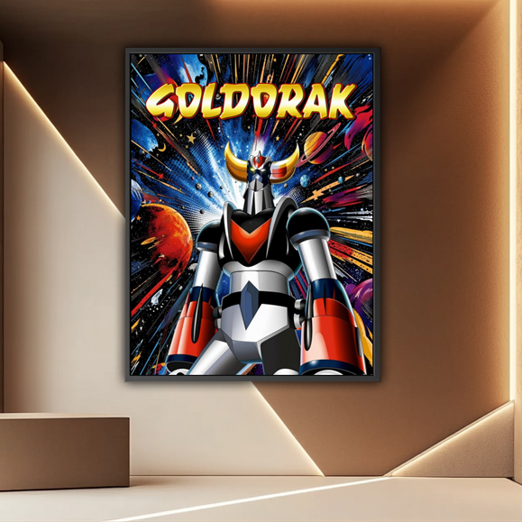 Le tableau Goldorak Pop Art présente le célèbre robot de science-fiction en position centrale, vu légèrement en contre-plongée. Goldorak apparaît avec son armure métallique reconnaissable, ses épaules imposantes et ses avant-bras rouges et blancs. Son visage est placé sous les grandes cornes dorées qui caractérisent le personnage.