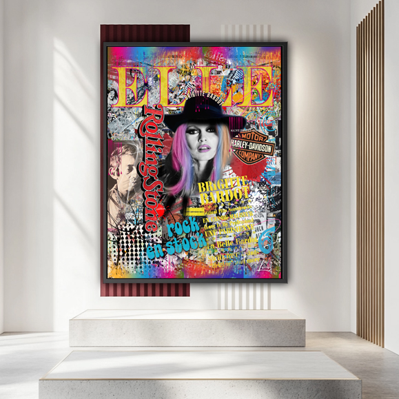 le visage de Brigitte Bardot en gros plan, positionné au centre de l’œuvre. Le style est résolu...